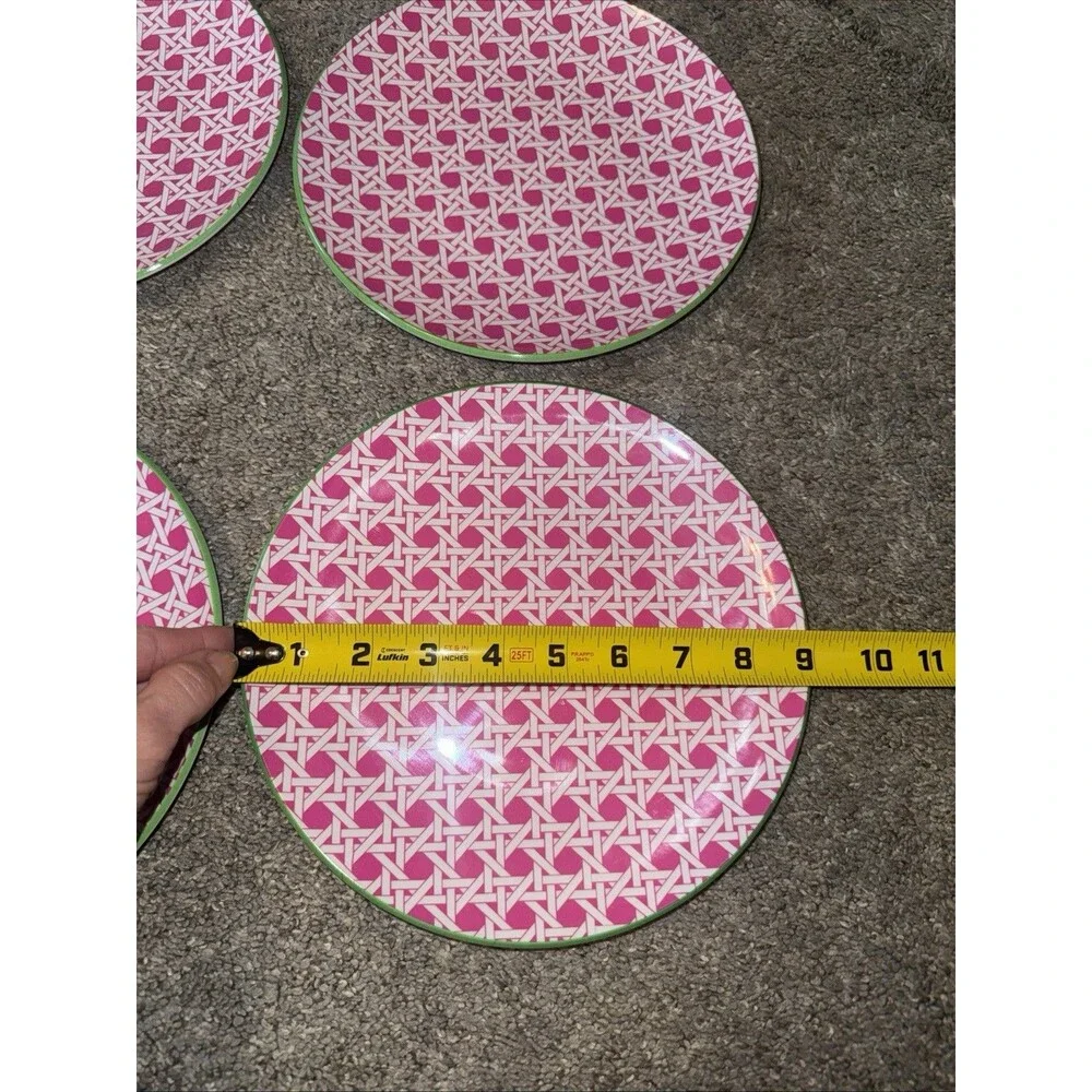 6 Pink Green Cynthia Rowley Melamine 9” Plates Geo Wicker Cane Pattern Preppy
